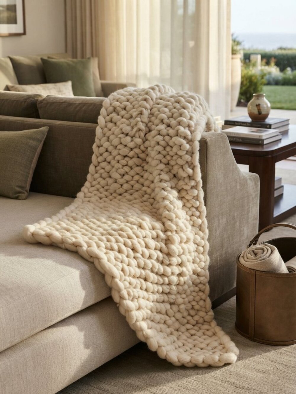 Hand Crafted Cozy Chunky Knit Throw Blanket - Cream 38"x64"
